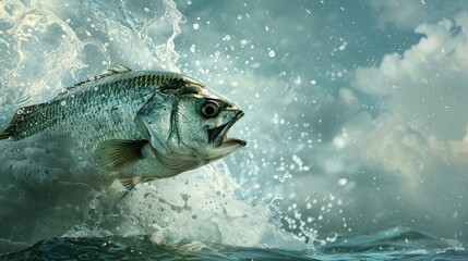 A big fish is leaping out of the water with its mouth wide open.