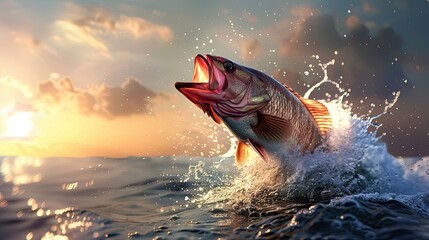 A big fish is leaping out of the water with its mouth wide open.