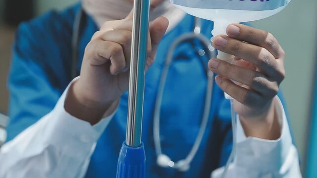 Woman doctor monitor Adjust the drip rate feed of saline dripping intravenous infusion to patient on bed. IV tube or intravenous infusion tube have Sodium Chloride Solution fine tune by doctor.