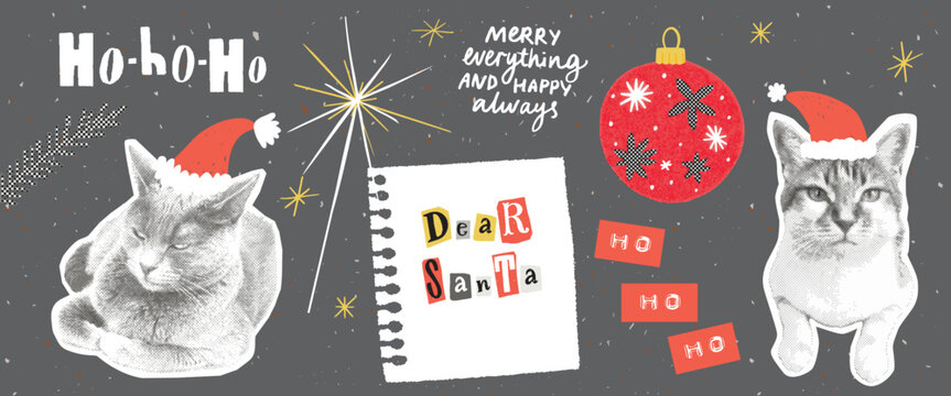 Punk collage cats and santa hat, magazine cutouts and memo notes, funny creative christmas art. Dear Santa letter, ransom type and embossed typography