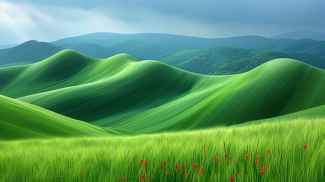 A view of rolling spring wheat fields in the countryside