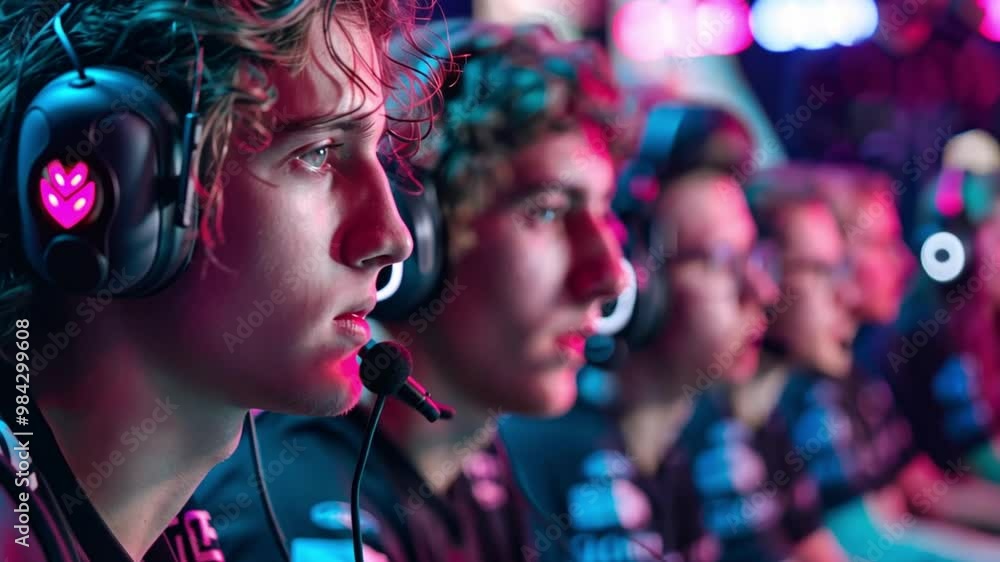 Poster a group of young gamers concentrate intently while competing in a lively esports tournament. the are