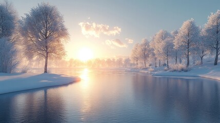 Serene winter landscape with snow-covered trees and a tranquil river.