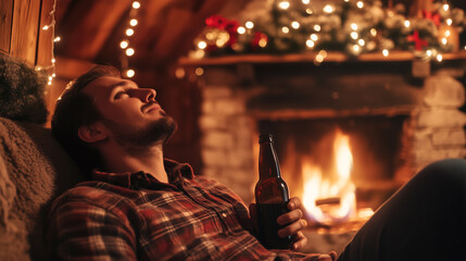 Retrato de hombre sosteniendo una cerveza tumbado y relajado junto al fuego.