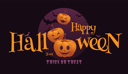 Happy Halloween greeting card with pumpkins and bats