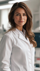 Retrato de mujer investigadora sonriente en el laboratorio.