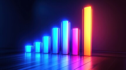 A bar graph with glowing neon colors, each bar higher than the previous, showing the growth of a business over time.