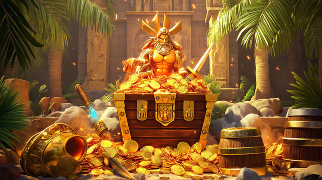 The zeus wrath slot game character with gold coins, game background, Illustration