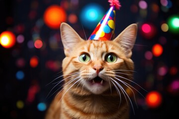 Cute adorable red birthday cat in party hat sitting on bokeh background.