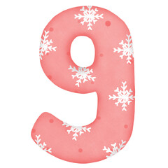 Watercolor christmas number with snowflake for invitations, greeting card, birthday, poster and other. Number - 9