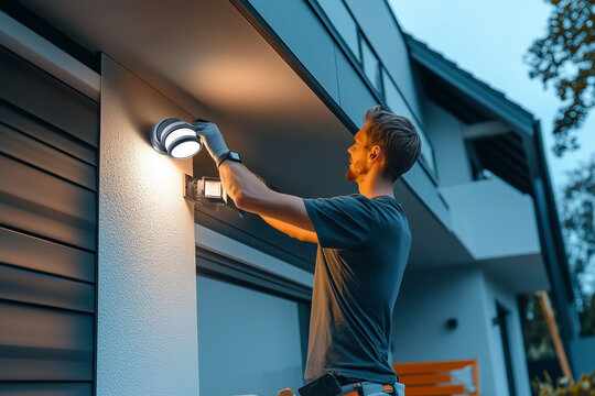 Technician installing a modern outdoor light fixture on a house exterior at dusk, emphasizing home security and professional installation services