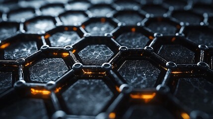 A close-up of hexagonal carbon structures on a molecular level, with reflective surfaces showing their high-tech nature