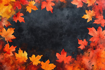 Colorful autumn leaves in red, orange, and yellow creating a vibrant frame on a dark, textured background, evoking the beauty and warmth of the fall season.