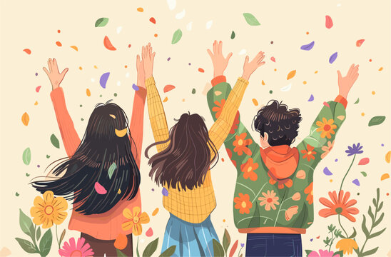 Back view of three teenage friends celebrating friendship. Illustration banner with Friend's Day concept