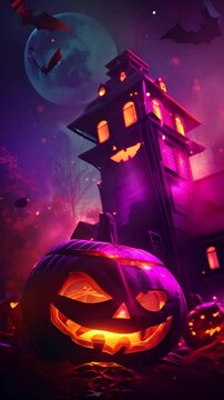Glowing pumpkins light up a spooky halloween night with a haunted house, bats, and a full moon. Perfect for halloween projects, with eerie autumn colors and carved jack o lanterns