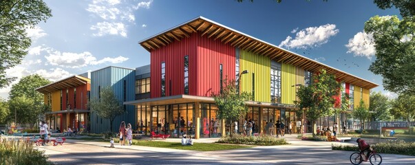 A multi-use community hub with colorful James Hardie siding, designed to be the centerpiece of a revitalized neighborhood, supporting local arts, education, and wellness activities