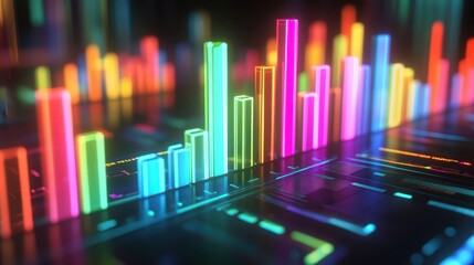 A colorful bar graph with glowing bars, showing the steady rise in business growth, set on a futuristic screen.