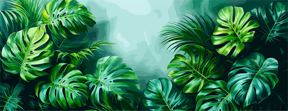 Monstera deliciosa big leaves background with copy space in the middle for text