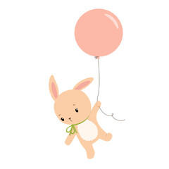 Cute baby bunny is flying with pink balloon. Animal isolated hand drawn vector illustration