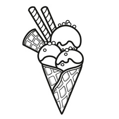 Waffle cone with three scoops of ice cream, glazed and decorated outlined