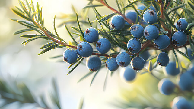 Juniper berries on a tree branch with a bright white background and natural sunlight

