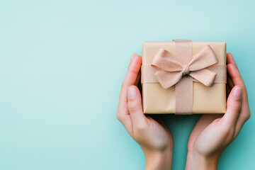 A close-up of hands holding a wrapped present with a decorative bow, against a blank pastel-colored background. The image leaves room for text or branding, perfect for special occasion promotions.