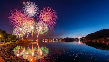fireworks on the lake, illustration of fireworks explosion on new year's eve, fireworks explosion over the lake at night