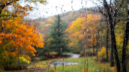Fototapeta premium Herbst, Jahreszeit mit bunten Blätter und Regentropfen, 