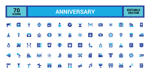 Colorful Anniversary icons set. color filled icons pack. Happy Birthday, glyph icon set for web and ui. Solid icon set. Vector illustration.