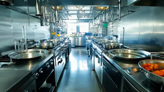Professional kitchen with stainless steel equipment.