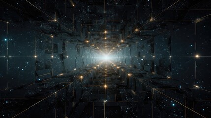 A detailed view of a geometric pattern made from computer circuitry, with fine wires creating a symmetrical, lattice-like structure, and a background of deep space with subtle star effects