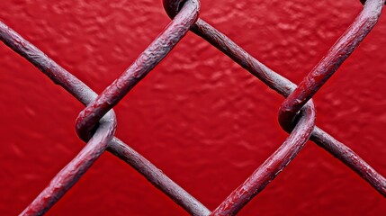 A close-up of a chain-link fence with a textured red background, creating a contrast between structure and color.