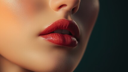 Fototapeta premium A close-up of a woman in elegant minimalism, with focus on her lips and smooth skin, under dramatic lighting.