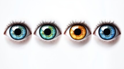 A collection of four artistic human eyes, each one highlighting different color variations and detailed anatomical structures.
