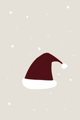A minimalist illustration of a classic Santa Claus hat with white fur and a pom-pom on a light beige background. The muted color palette and flat design create a festive mood.