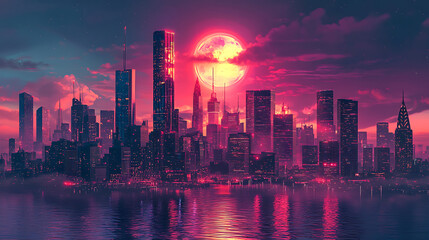 Fototapeta premium A vibrant city skyline at night, illuminated by neon lights and large, glowing moon. scene captures futuristic atmosphere with reflections on water, evoking sense of wonder and excitement. 