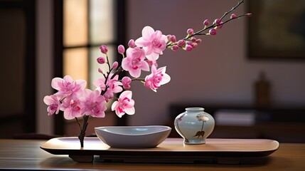 A harmonious Japanese Ikebana arrangement featuring a single lotus blossom, soft pink cherry blossoms, and vibrant orchids, displayed in a modern, sleek container on a wooden table.