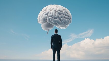 A corporate executive standing with a holographic brain floating above, representing advanced thinking.