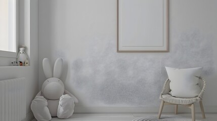 Minimalist Monochrome Children s Room with Mock Up Frame on Plain Wall