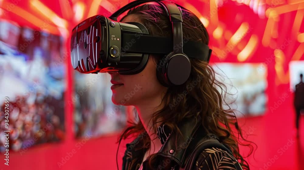 Poster wearing a virtual reality headset, an individual immerses themselves in an interactive experience su