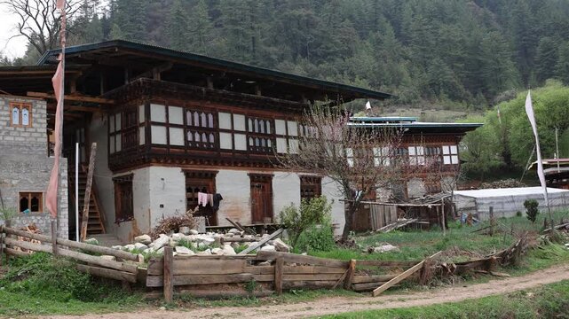 Bhutanese traditional house at rural area, Bumthang, Ogyen Choling, Bhutan