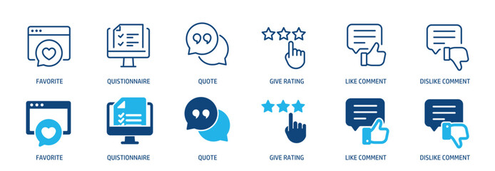 Feedback, testimonial line and glyph solid icons collection. Minimal icon and symbol series vector illustration