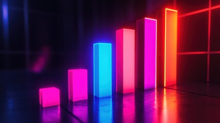 A neon-themed, ascending bar graph showing the stages of business growth, each bar progressively taller.