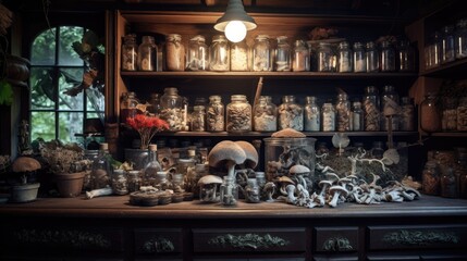 A Victorian-era apothecary's workbench cluttered with jars of poisonous mushrooms, detailed and atmospheric, with a sense of foreboding.