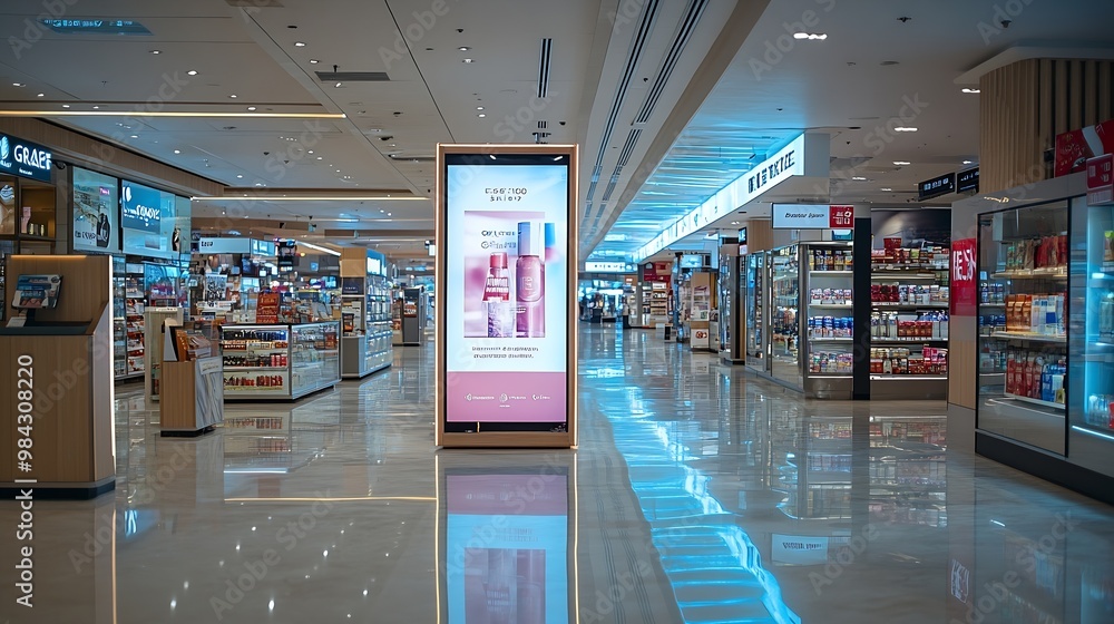 Aufkleber sign and billboard mockup at duty free shop in departure terminal to promote your business or organi