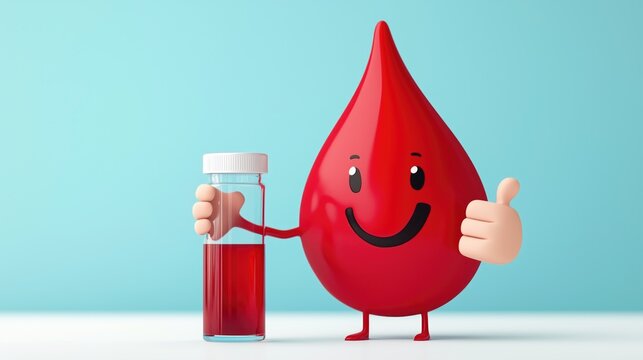 A blood drop cartoon character for blood analysis and donation concept advertising background for children