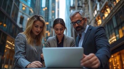 Business people in financial district diverse colleagues working near office building using laptop : Generative AI