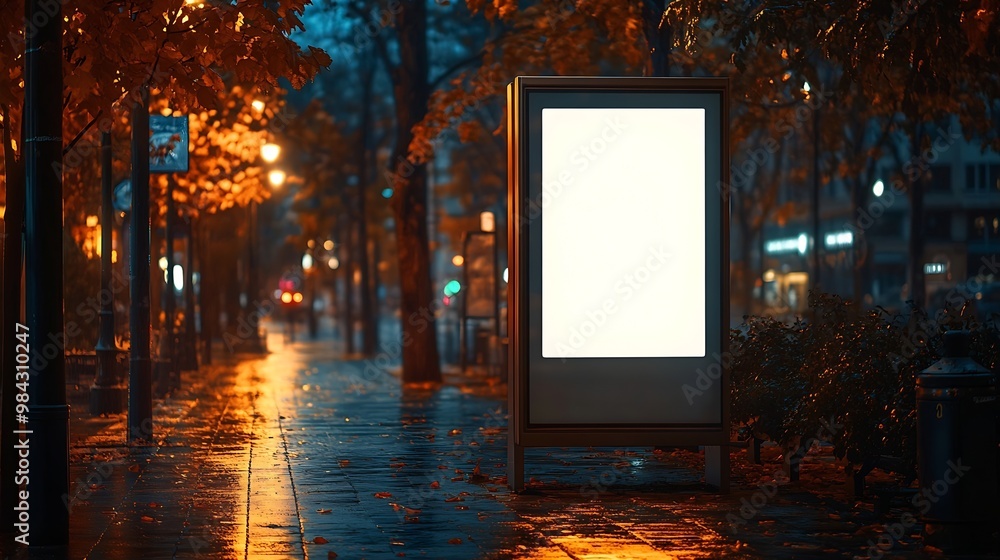Poster mock up of blank white vertical light box on a bus stop in a city at night : generative ai