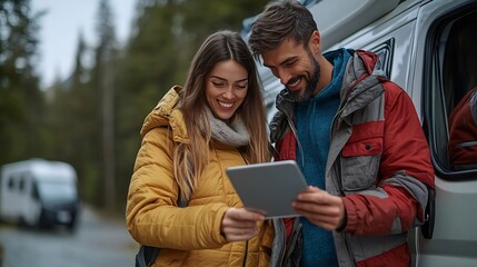 Young happy business people using digital tablet surfing the net searching for appropriate campervan for vacation travel Business owners sold their work for adventure and camping Freed : Generative AI
