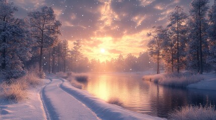 Naklejka premium Serene winter landscape with a glowing sunset over a snowy river.